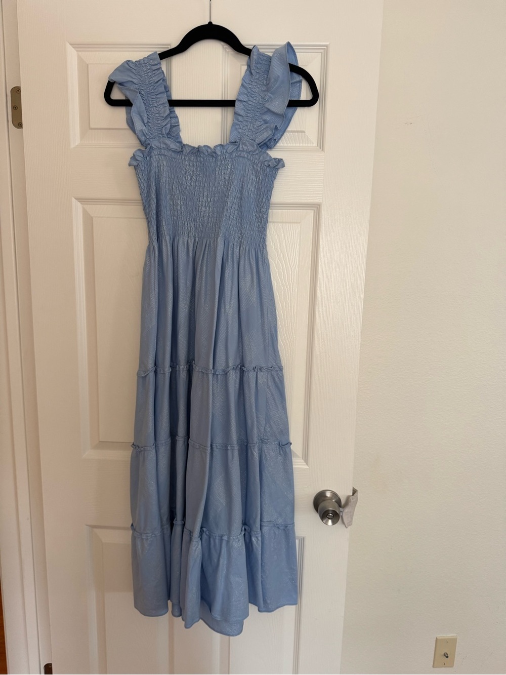 Hill House Nap Dress Light Blue with slight shimmer Ruffled Tiered Sundress